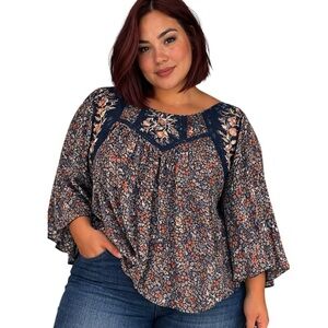 Mason & Belle 2X Navy Blue Micro Floral Ditzy Boho Embroidered Crochet Blouse